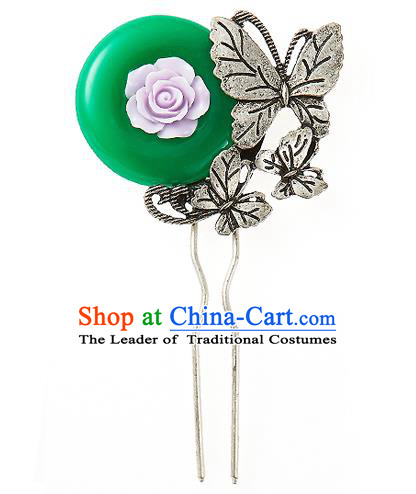 Traditional Korean National Wedding Hair Accessories Bride Palace Cyphers Butterfly Green Hairpins, Korean Hanbok Fashion Hair Stick Headwear for Women