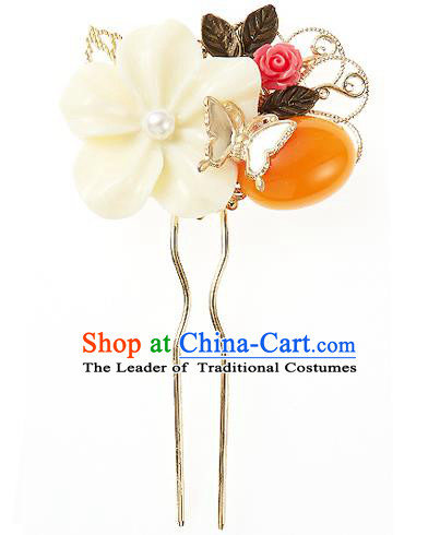 Traditional Korean National Hair Accessories Bride Wedding Butterfly White Flower Hairpins, Asian Korean Hanbok Fashion Headwear Hair Stick for Women