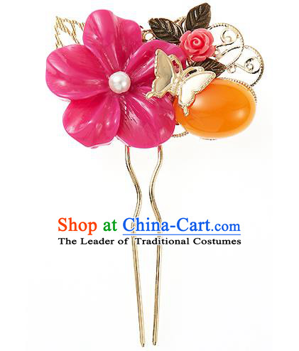 Traditional Korean National Hair Accessories Bride Wedding Butterfly Pink Flower Hairpins, Asian Korean Hanbok Fashion Headwear Hair Stick for Women