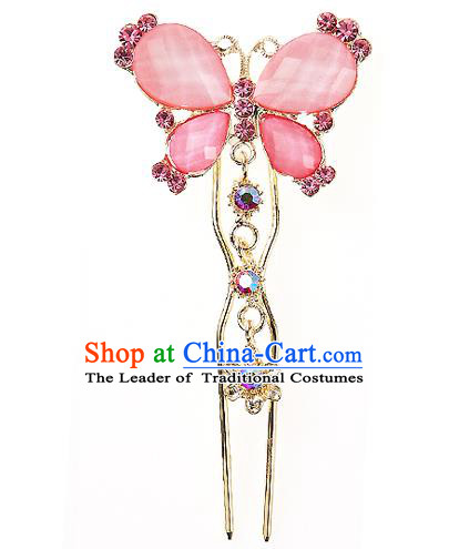 Traditional Korean National Hair Accessories Bride Wedding Pink Butterfly Crystal Hairpins, Asian Korean Hanbok Fashion Headwear Hair Stick for Women