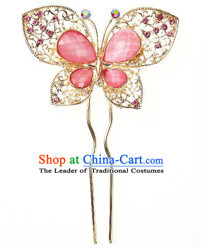Traditional Korean National Hair Accessories Bride Wedding Pink Butterfly Crystal Hairpins, Asian Korean Hanbok Fashion Headwear Hair Stick for Women
