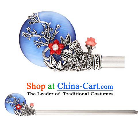 Traditional Korean National Hair Accessories Bride Wedding Blue Hairpins, Asian Korean Hanbok Fashion Headwear Hair Stick for Women