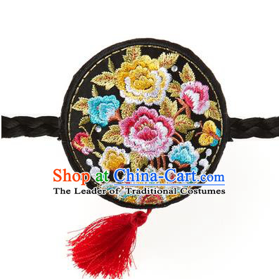 Traditional Korean National Hair Accessories Embroidered Black Hair Clasp, Asian Korean Hanbok Fashion Headwear Palace Headband for Kids