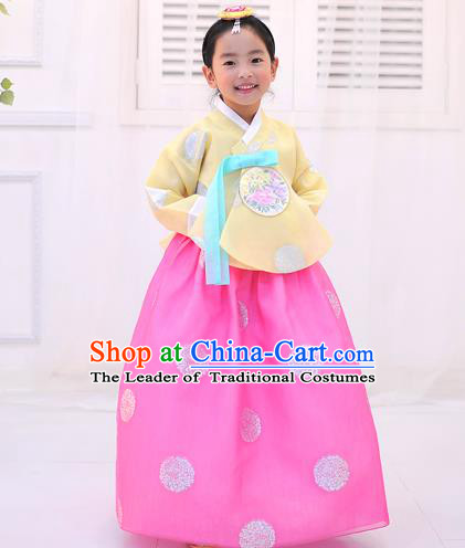 Asian Korean National Handmade Formal Occasions Wedding Printing Yellow Blouse and Pink Dress Traditional Palace Hanbok Costume for Kids