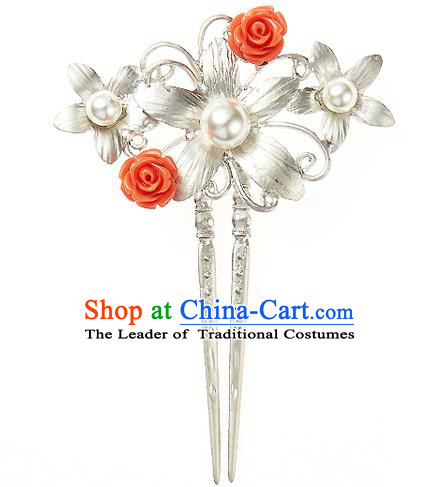 Traditional Korean National Hair Accessories Pearls Flowers Hairpins, Korean Palace Hanbok Fashion Headwear for Women