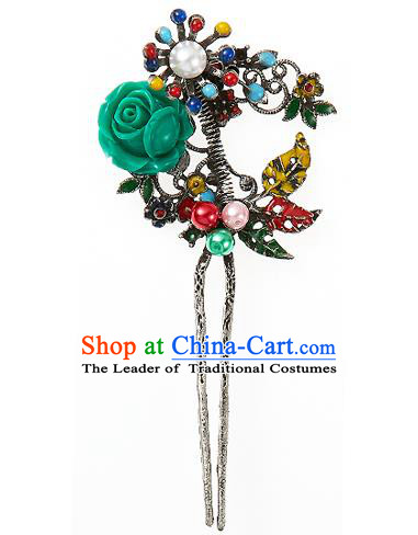 Traditional Korean National Hair Accessories Green Rose Hairpins, Korean Palace Hanbok Fashion Headwear for Women