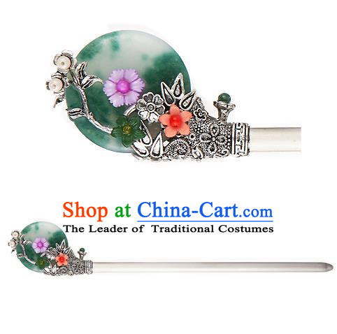 Traditional Korean National Hair Accessories Jade Flowers Hairpins, Korean Palace Hanbok Fashion Headwear for Women