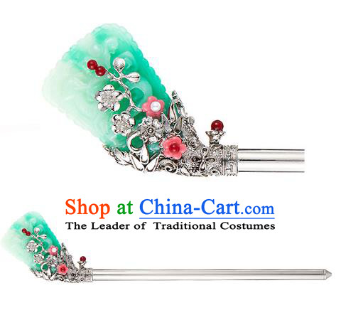 Traditional Korean National Hair Accessories Green Colored Glaze Hair Stick Hairpins, Korean Palace Hanbok Fashion Headwear for Women