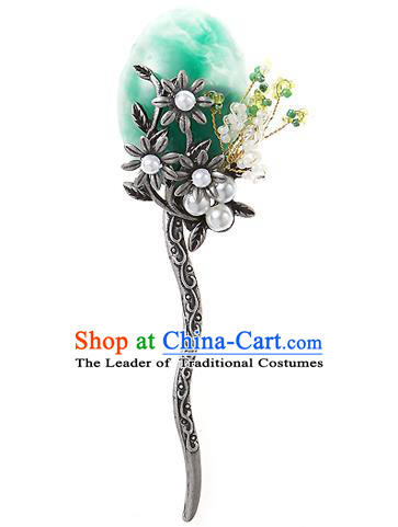 Korean National Wedding Hair Accessories Bride Palace Cyphers Green Flowers Hairpins, Korean Hanbok Fashion Hair Stick Headwear for Women