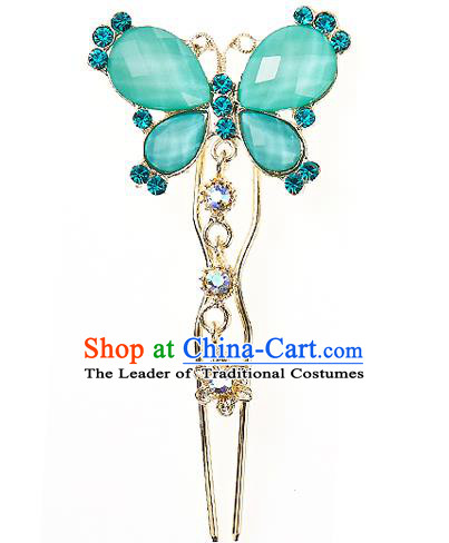 Korean National Wedding Hair Accessories Bride Hairpins Crystal Green Butterfly Hair Clip, Korean Hanbok Fashion Palace Hair Clasp for Women