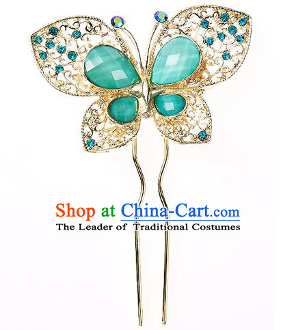 Korean National Wedding Hair Accessories Bride Hairpins Crystal Green Butterfly Hair Clip, Korean Hanbok Fashion Palace Hair Clasp for Women