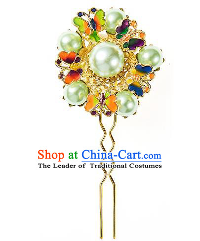 Korean National Wedding Hair Accessories Bride Hairpins Green Beads Round Hair Clip, Korean Hanbok Fashion Palace Hair Clasp for Women