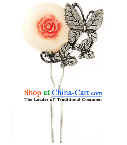 Korean National Wedding Hair Accessories Bride Hairpins Rose Butterfly Hair Clip, Korean Hanbok Fashion Palace Hair Clasp for Women