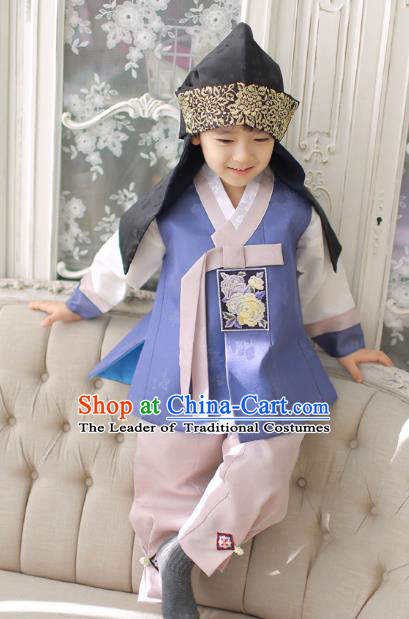 Asian Korean National Traditional Handmade Formal Occasions Boys Embroidery Blue Vest Hanbok Costume Complete Set for Kids