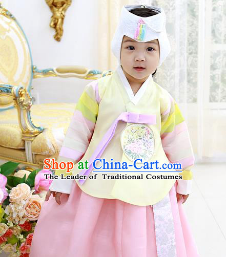 Asian Korean National Handmade Formal Occasions Wedding Clothing Yellow Blouse and Pink Dress Palace Hanbok Costume for Kids