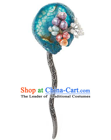 Korean National Wedding Hair Accessories Bride Blue Hair Clip, Korean Hanbok Fashion Palace Hairpins for Women