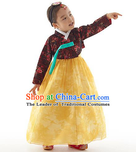 Asian Korean National Handmade Formal Occasions Wedding Clothing Printing Blouse and Yellow Dress Palace Hanbok Costume for Kids