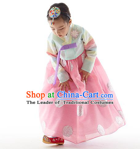 Asian Korean National Handmade Formal Occasions Wedding Clothing Printing Green Blouse and Pink Dress Palace Hanbok Costume for Kids