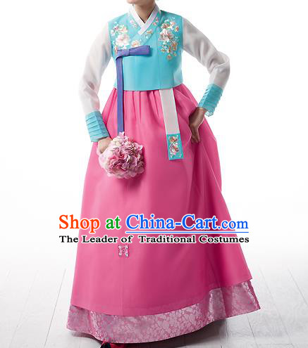 Asian Korean National Handmade Formal Occasions Wedding Bride Clothing Embroidered Green Blouse and Pink Dress Palace Hanbok Costume for Women