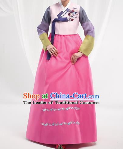 Asian Korean National Handmade Formal Occasions Wedding Bride Clothing Embroidered Pink Blouse and Dress Palace Hanbok Costume for Women