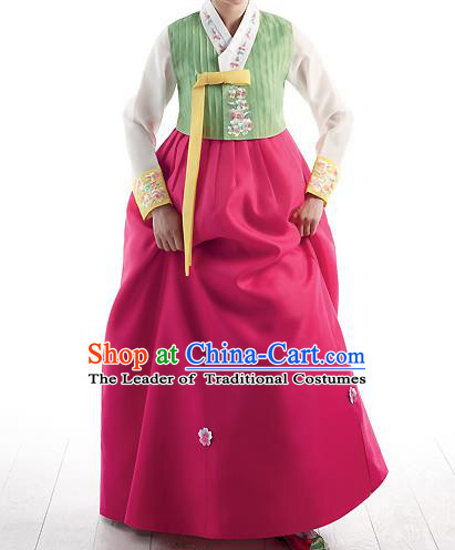 Asian Korean National Handmade Formal Occasions Wedding Bride Clothing Embroidered Green Blouse and Pink Dress Palace Hanbok Costume for Women