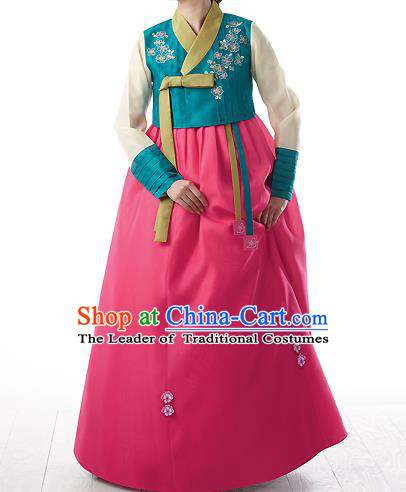 Asian Korean National Handmade Formal Occasions Wedding Bride Clothing Embroidered Green Blouse and Pink Dress Palace Hanbok Costume for Women