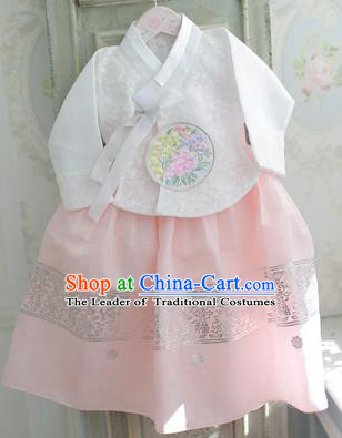 Asian Korean National Handmade Formal Occasions Wedding Bride Clothing Embroidered White Blouse and Pink Dress Palace Hanbok Costume for Kids