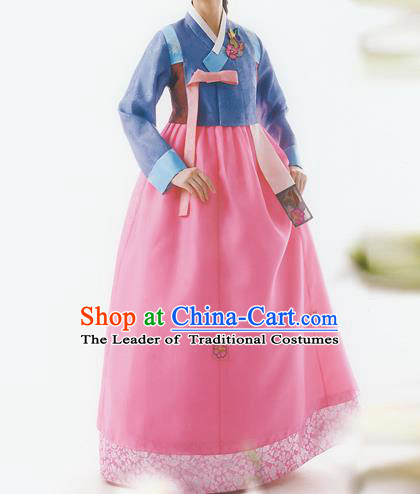 Korean National Handmade Formal Occasions Wedding Bride Clothing Embroidered Blue Blouse and Pink Dress Palace Hanbok Costume for Women