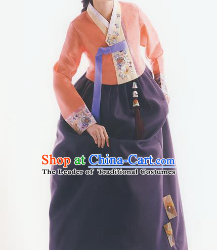 Korean National Handmade Formal Occasions Wedding Bride Clothing Embroidered Orange Blouse and Purple Dress Palace Hanbok Costume for Women