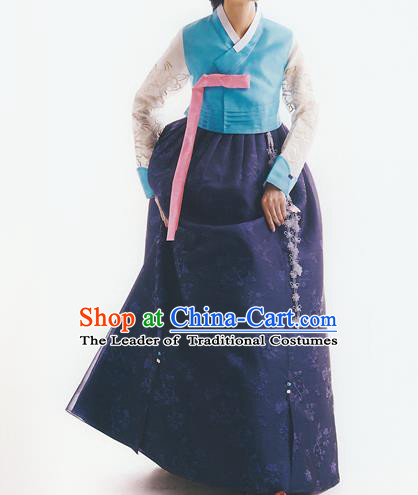 Korean National Handmade Formal Occasions Wedding Bride Clothing Embroidered Blue Blouse and Navy Dress Palace Hanbok Costume for Women