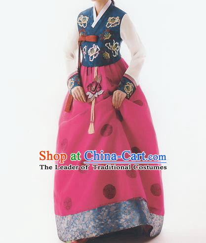 Korean National Handmade Formal Occasions Wedding Bride Clothing Embroidered Blue Blouse and Red Dress Palace Hanbok Costume for Women