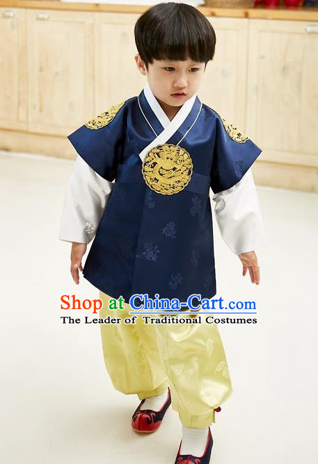 Asian Korean National Traditional Handmade Formal Occasions Boys Embroidery Navy Vest Hanbok Costume Complete Set for Kids