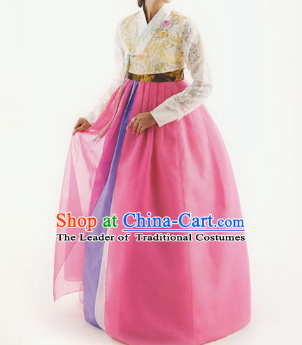 Korean National Handmade Formal Occasions Wedding Bride Clothing Hanbok Costume Embroidered Yellow Lace Blouse and Pink Dress for Women