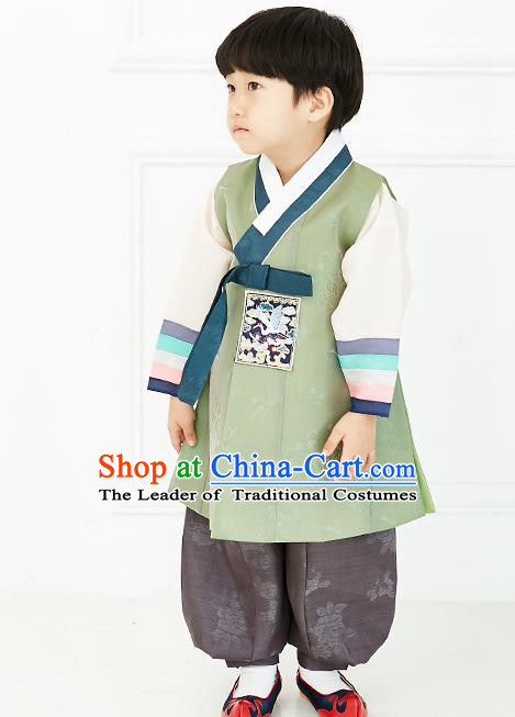 Asian Korean National Traditional Handmade Formal Occasions Boys Embroidery Green Vest Hanbok Costume Complete Set for Kids