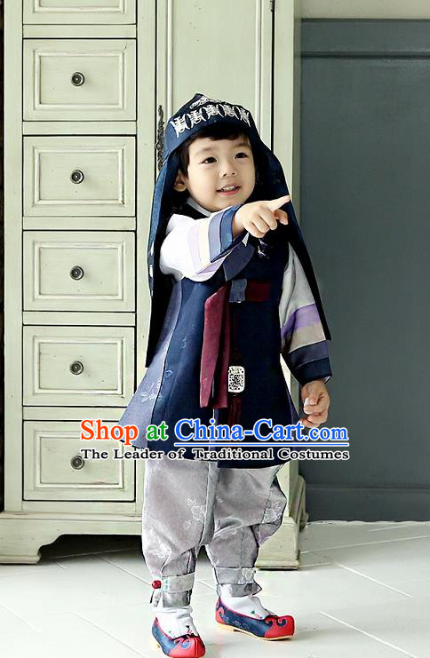 Asian Korean National Traditional Handmade Formal Occasions Boys Embroidery Navy Vest Hanbok Costume Complete Set for Kids