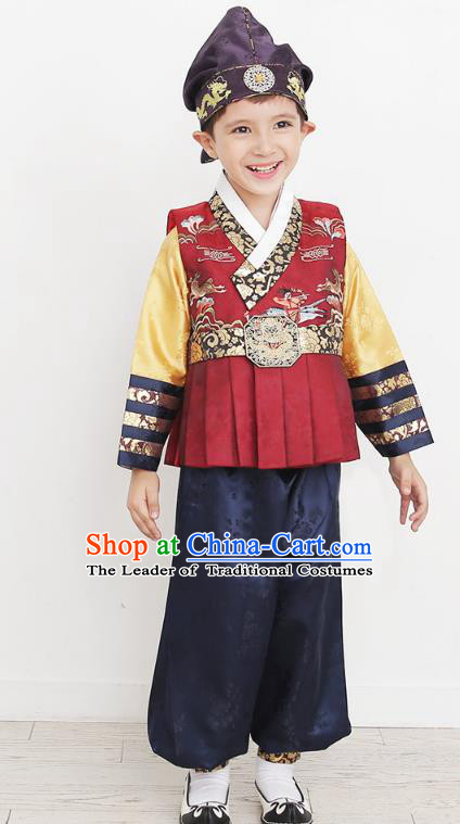 Asian Korean National Traditional Handmade Formal Occasions Boys Embroidery Red Vest Hanbok Costume Complete Set for Kids