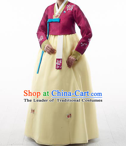 Asian Korean National Handmade Formal Occasions Wedding Bride Clothing Embroidered Amaranth Blouse and Yellow Dress Palace Hanbok Costume for Women