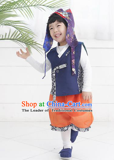 Asian Korean National Traditional Handmade Formal Occasions Boys Embroidery Navy Vest Hanbok Costume Complete Set for Kids