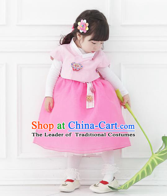 Asian Korean National Handmade Formal Occasions Wedding Bride Clothing Embroidered Pink Vest and Dress Palace Hanbok Costume for Kids