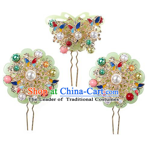 Korean National Hair Accessories Butterfly Pearls Wedding Hair Stick, Asian Korean Hanbok Fashion Bride Headwear Hairpins for Women