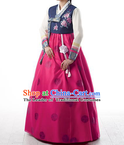 Asian Korean National Handmade Formal Occasions Wedding Bride Clothing Embroidered Purple Blouse and Pink Dress Palace Hanbok Costume for Women