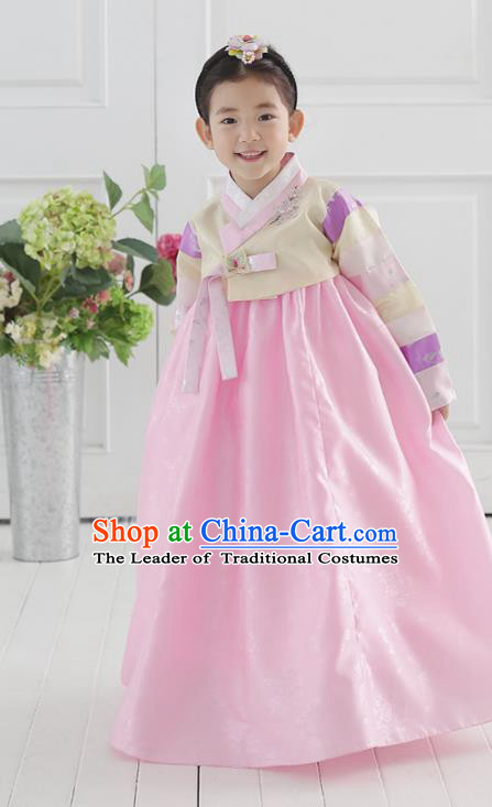 Korean National Handmade Formal Occasions Wedding Bride Clothing Embroidered Beige Blouse and Pink Dress Palace Hanbok Costume for Kids