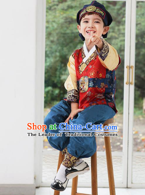 Asian Korean National Traditional Handmade Formal Occasions Boys Embroidery Red Vest Hanbok Costume Complete Set for Kids