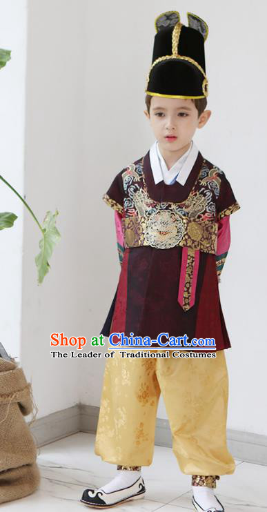 Asian Korean National Traditional Handmade Formal Occasions Boys Embroidery Wine Red Vest Hanbok Costume Complete Set for Kids