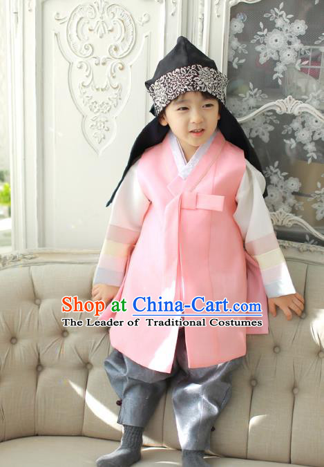 Asian Korean National Traditional Handmade Formal Occasions Boys Embroidery Pink Vest Hanbok Costume Complete Set for Kids