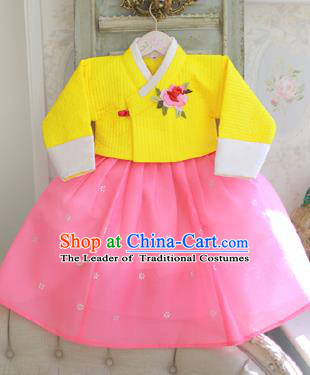 Asian Korean National Handmade Formal Occasions Clothing Embroidered Yellow Blouse and Pink Dress Palace Hanbok Costume for Kids