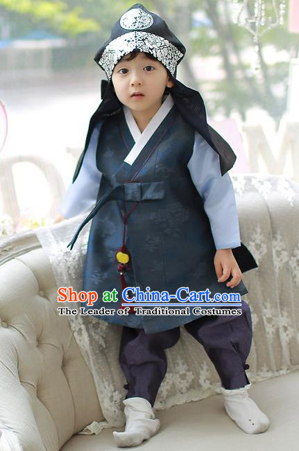 Asian Korean National Traditional Handmade Formal Occasions Boys Embroidery Navy Vest Hanbok Costume Complete Set for Kids