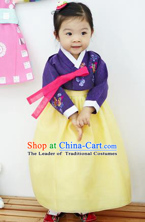 Asian Korean National Handmade Formal Occasions Clothing Embroidered Purple Blouse and Yellow Dress Palace Hanbok Costume for Kids