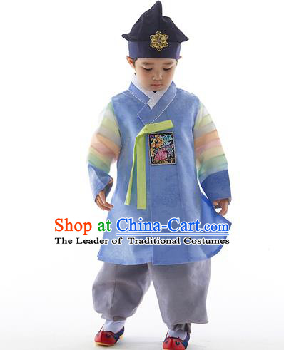 Asian Korean National Traditional Handmade Formal Occasions Boys Embroidery Blue Vest Hanbok Costume Complete Set for Kids