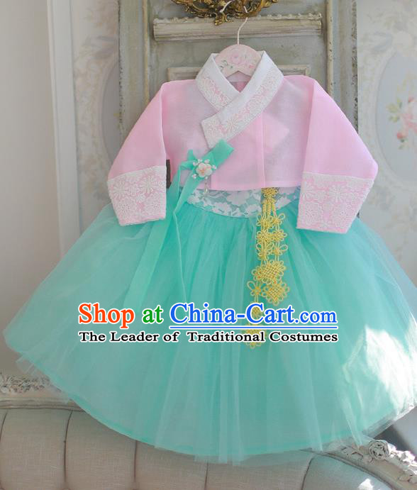 Korean National Handmade Formal Occasions Girls Hanbok Costume Embroidered Pink Blouse and Green Dress for Kids